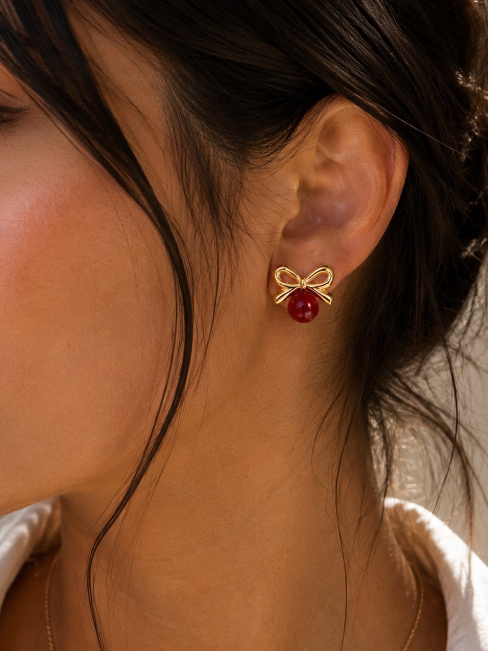18K Gold Plated Red Bow Stud Earrings